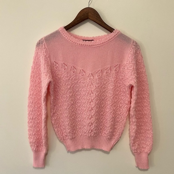 VTG Women’s Pastel Pink Sz. S Lace Knit Sweater Sheer Neck Cottagecore Ballet - Picture 1 of 6